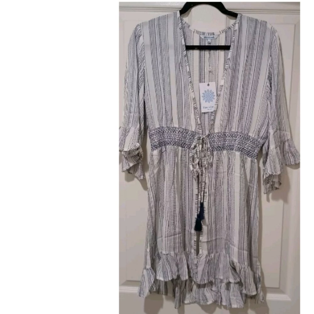 Blue Island Beach Striped Romper Rayon Dress Swim Cover Up Tassel Flare